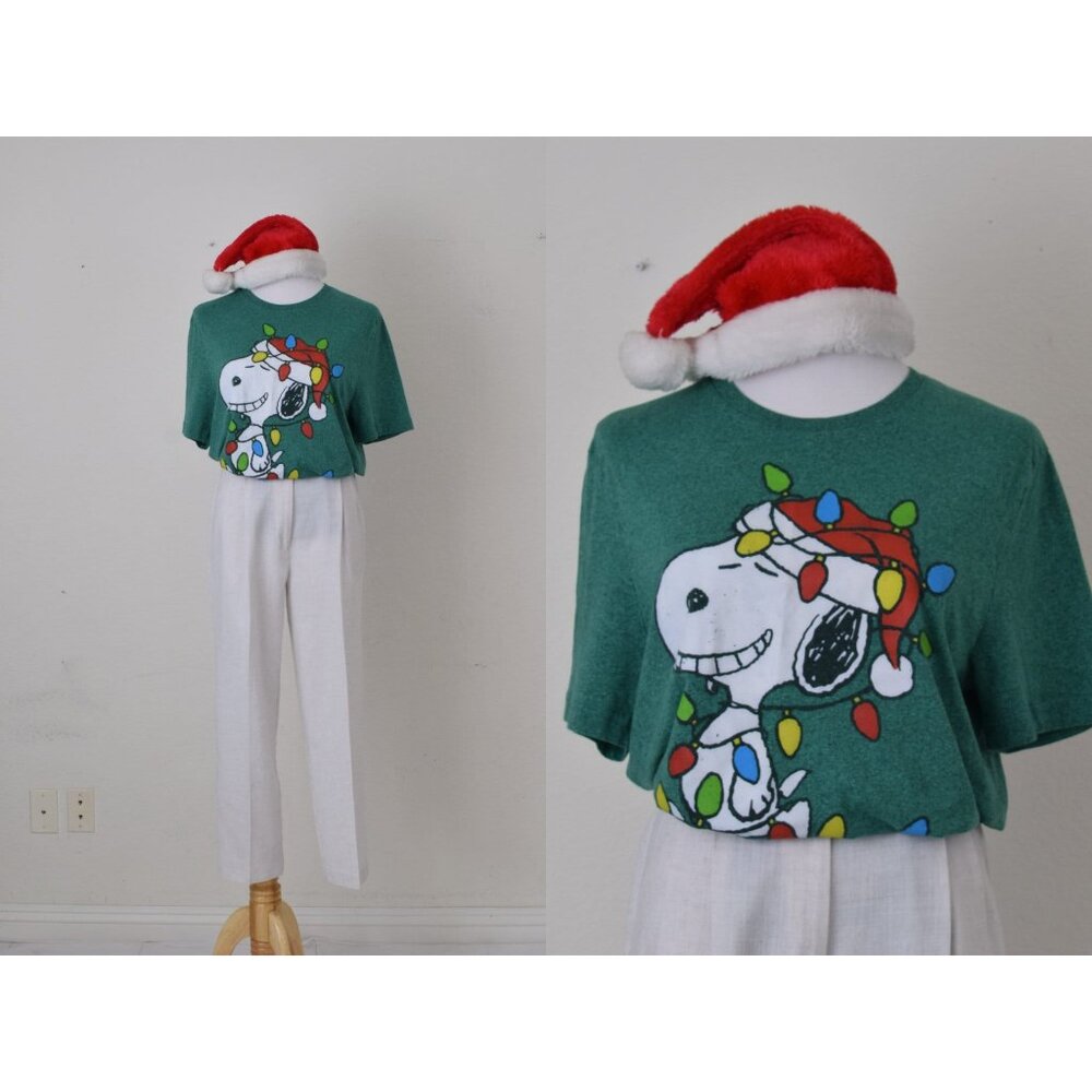 Vintage 00s Green Snoopy Christmas Shirt size XL